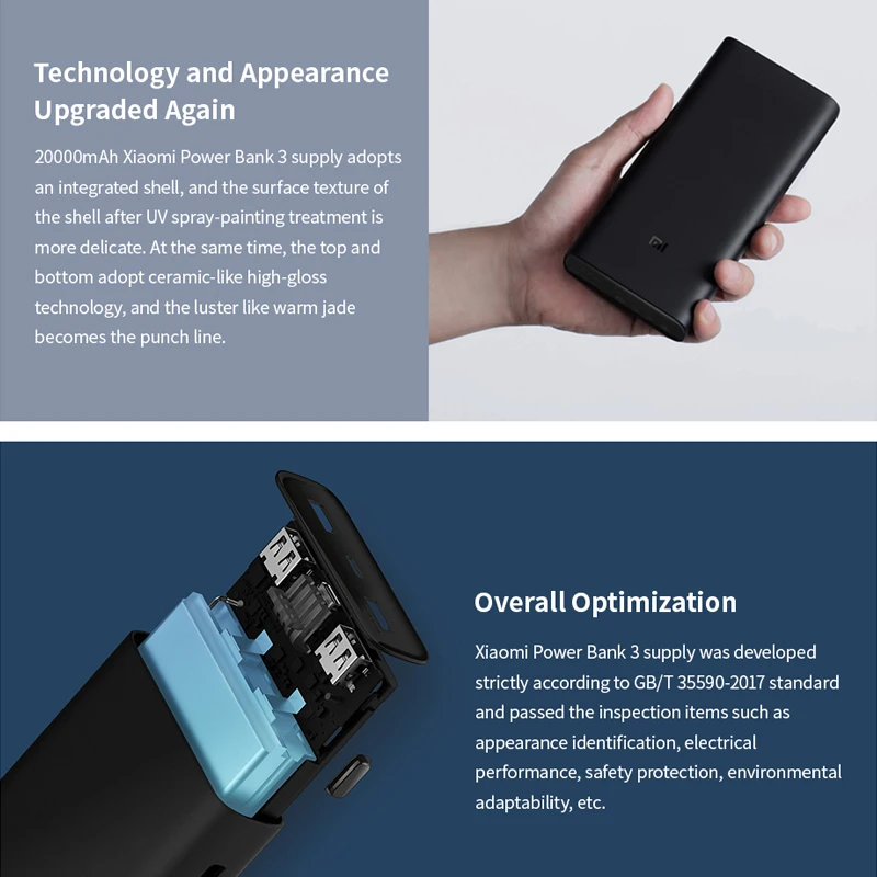 Оригинальный внешний аккумулятор Xiaomi 20000 мАч 3 USB C 45 Вт Двусторонняя батарея