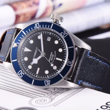 

41mm Corgeut Black dial blue bezel Sapphire Glass Luminous mechanical Automatic Men Watch Leather strap Leisure watch