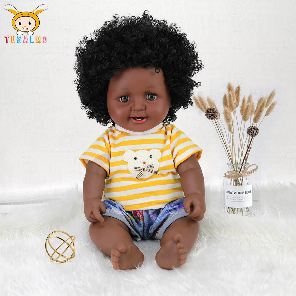 Yellow Stripe 48cm Black Reborn Baby Dolls Afro Hair Girls Toy
