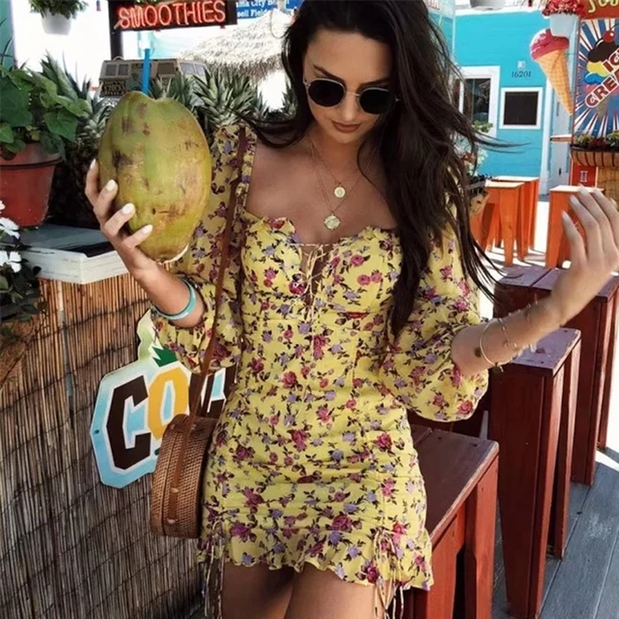 TEELYNN пикантные мини платье 2019 Винтаж желтый цветочный шифоновое с принтом