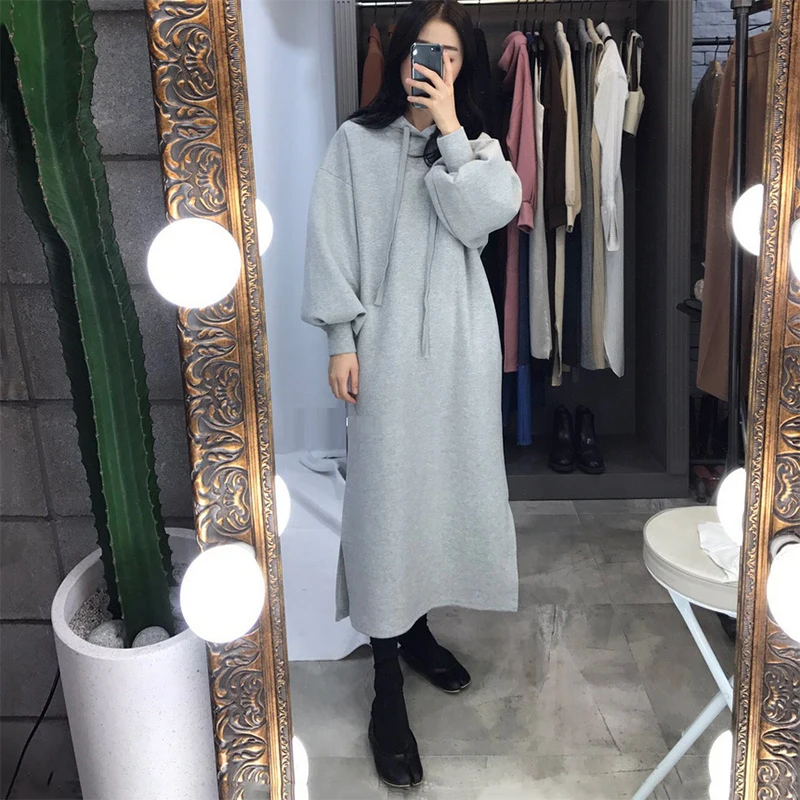  2017 women's autumn winter long sleeve hooded drawstring solid loose plus size cotton long hoodies 