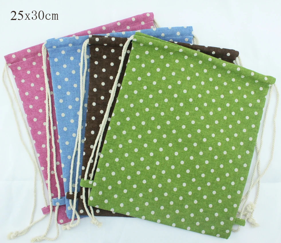 

(10pcs/lot) 25*30cm/10*12inch 160g/m2 polka dot Linen drawstring knapsack bag Backpack bag rucksack bag customize size