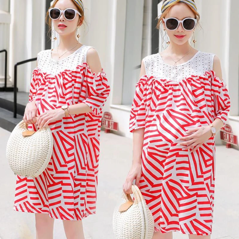 Loose strapless dress for pregnant women summer lace pregnant dress ropa premama embarazadas elegant maternity clothes grossesse