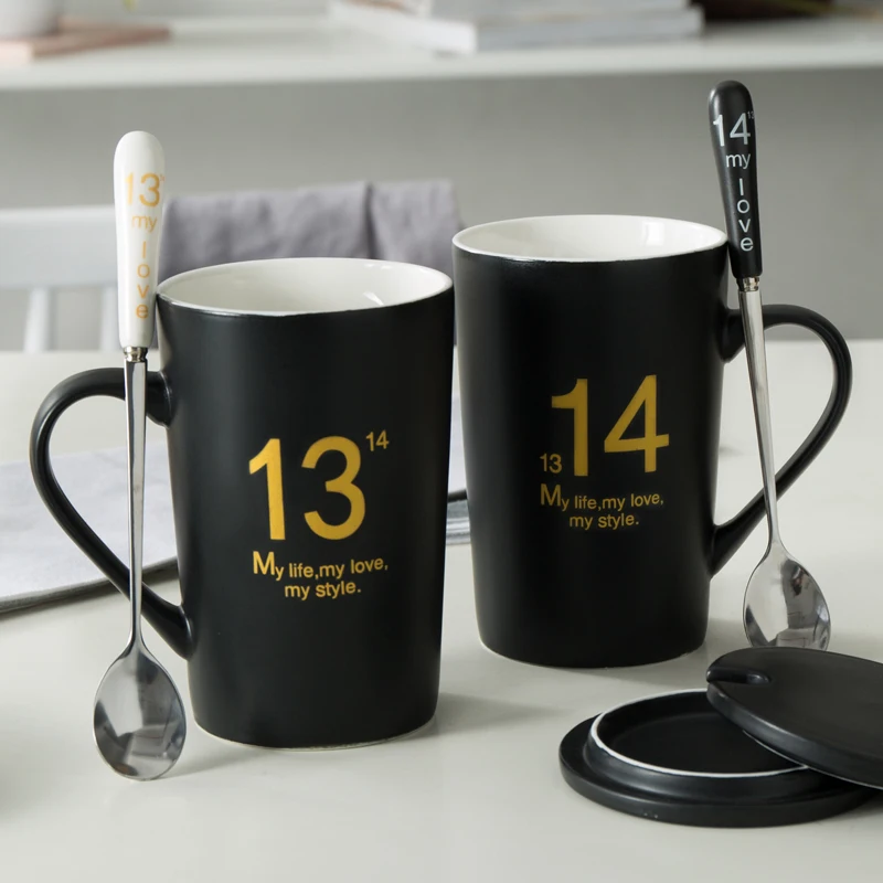 Креативная 1314 чашка для любимого человека пара больших-основные характеристики керамики кружки с крышками ложка индивидуальность красивая кружка чашка для кофе и молока бытовой 420 мл - Цвет: C