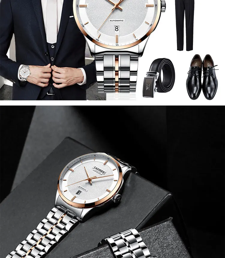 CADISEN, бренд, часы для мужчин, дата, автоматические, самозаводные, нержавеющая сталь, 5 АТМ, водонепроницаемые, для деловых мужчин, наручные часы, часы
