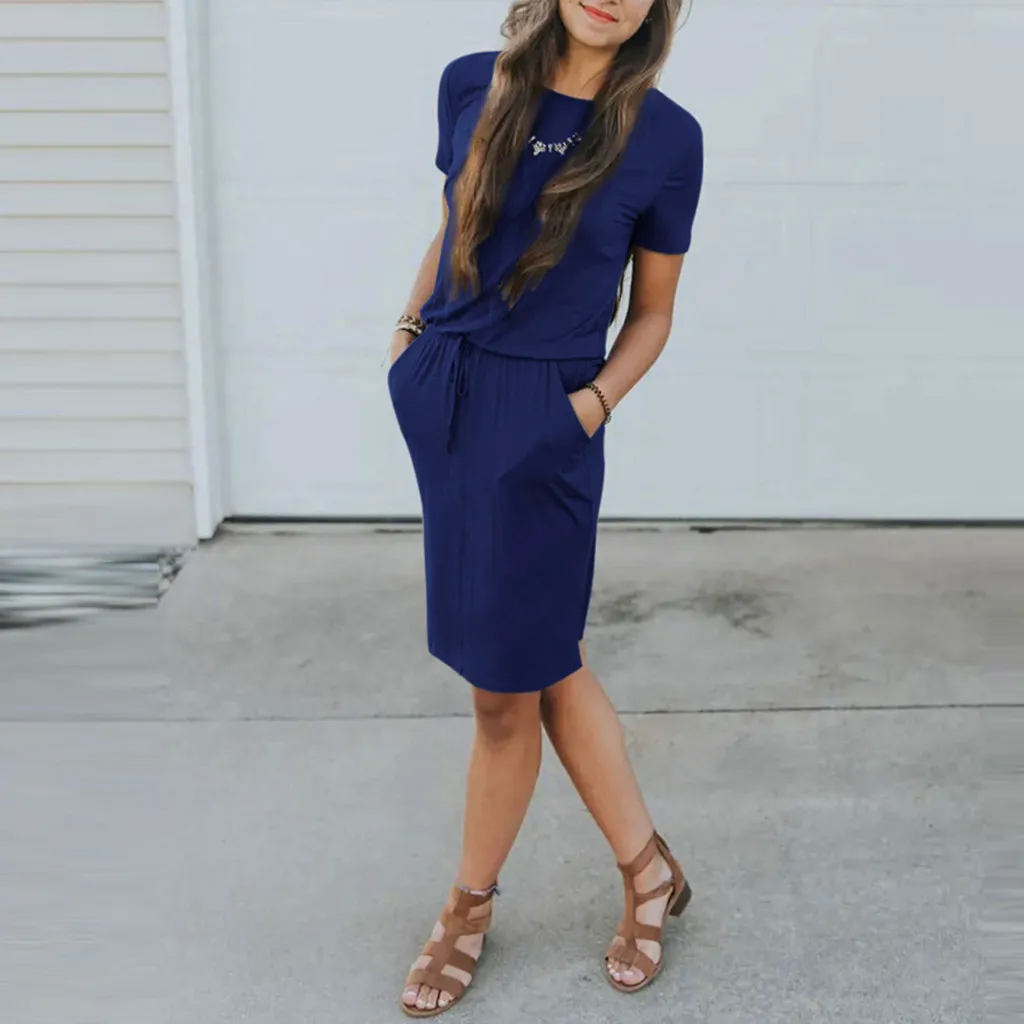 Женское летнее повседневное однотонное платье мини с круглым вырезом карманами