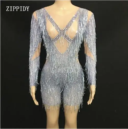 

Fashion Fringe Rhinestones Mesh Bodysuit Sexy Transparent Women Stage Dance Wear Evening Celebrate jumpsuit Costume