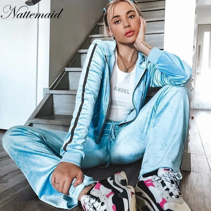 

NATTEMAID Summer Casual Velvet Two Piece Set Zipper Hoodies Coat And Long Pant Women Set Diamond 2 Piece Set Women Outfit Clothe