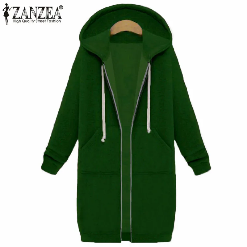 ZANZEA, женские толстовки, толстовка,, зима, осень, повседневное, свободное, длинное пальто, карманы, на молнии, верхняя одежда, толстовка, куртка размера плюс, топы - Цвет: Green