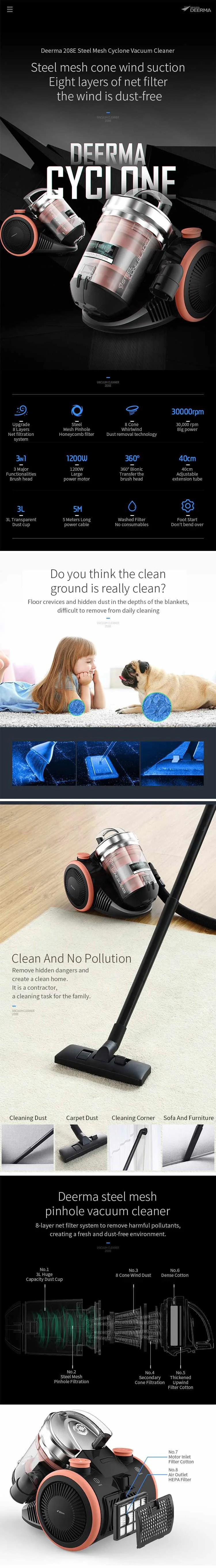 Youpin Deerma 208E 18KPa Household Vacuum Cleaner Steel Mesh Cyclone Long-lasting Suction Cleaner 3L Huge Capacity Dust Cup