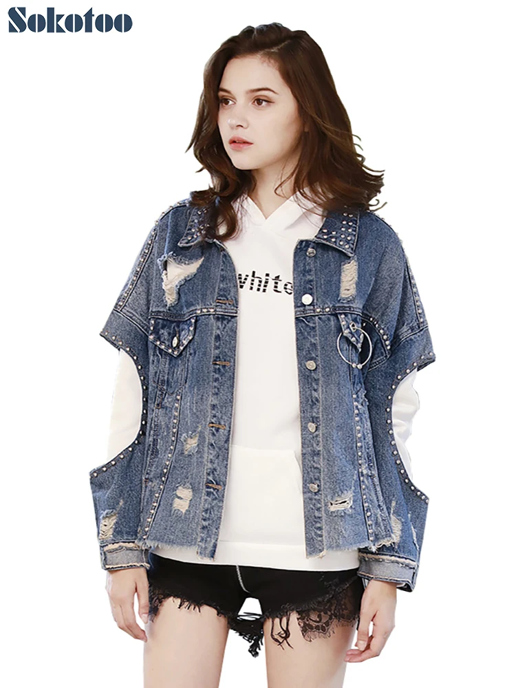 

Sokotoo Women's rivets hole hollow out jean jacket Loose trendy ripped distressed denim coat