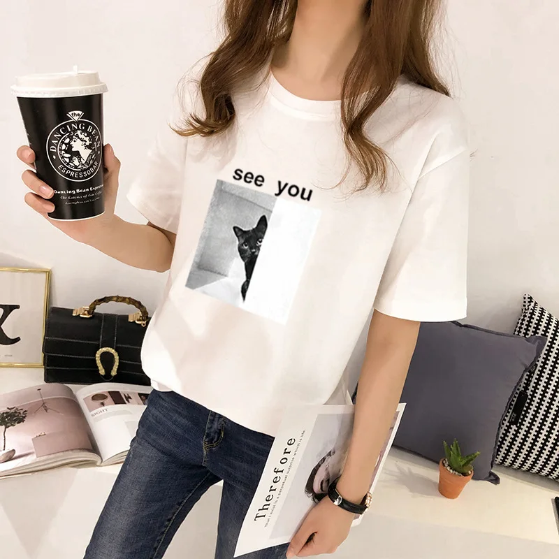 

ZOGAA Summer 2019 New Harajuku bf style cat print pattern loose half-sleeved T-shirt camiseta mujer tee shirt femme