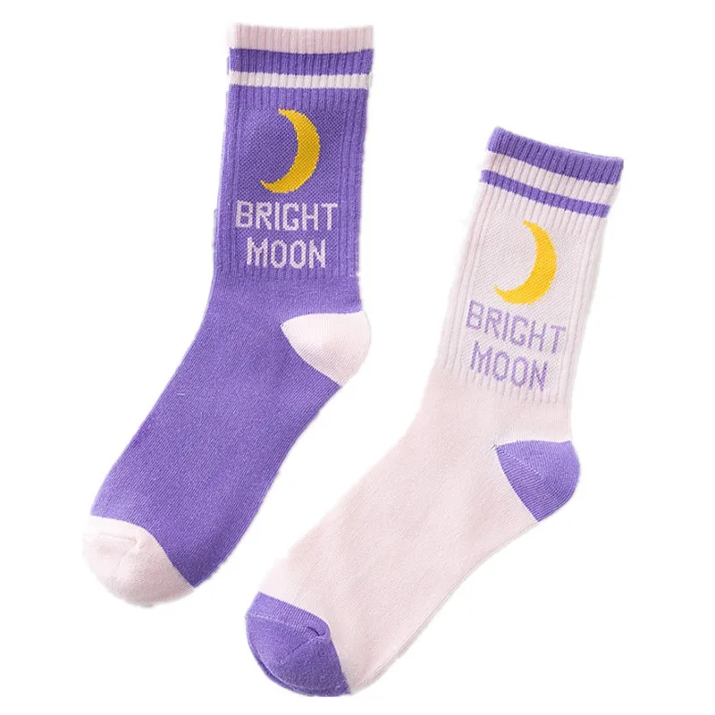 

2018 New Harajuku Women Men Bright Moon Cool Socks Street Cute Pink Purple Moonlight Cool Japanese Funny novelty vintage