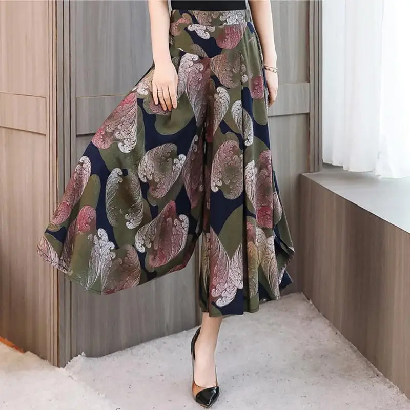 

Summer Runway Casual Harem Flare High Waist Loose Floral Wide Leg Pants Women Clothing Print Vintage Cropped Trousers Plus Size