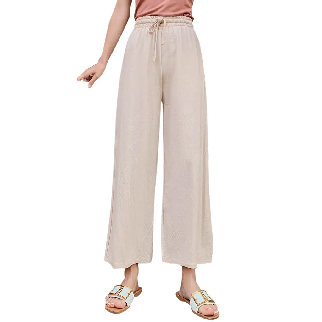 

CHAMSGEND Women Pants Fashion High Waist Solid Lace Up Wide Leg Pants Casual Cotton Linen Blend Long Pants Beach Loose Trousers