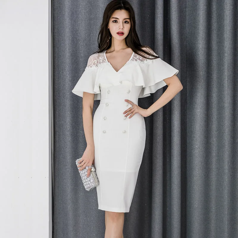 

Elegant V-neck Double Breasted Women Pencil Dress Lace Patchwork Sheath Butterfly Sleeve Female Knee-length Dress vestidos 2019
