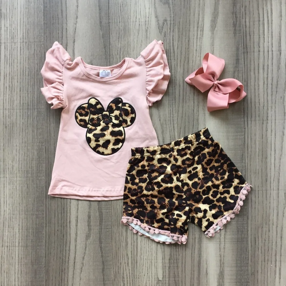 

baby girls summer new arrival outfits leopard print top pompom short pink and leopard print trousers outfits with bow