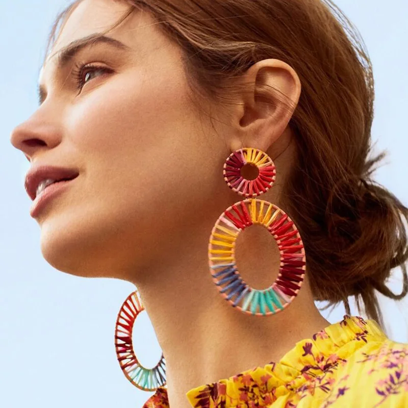 

MESTILO European Fashion Jewelry Bijoux Rainbow Colorful Raffia Earring Big Oval Straw Statement Earrings For Summer Jewel Gift
