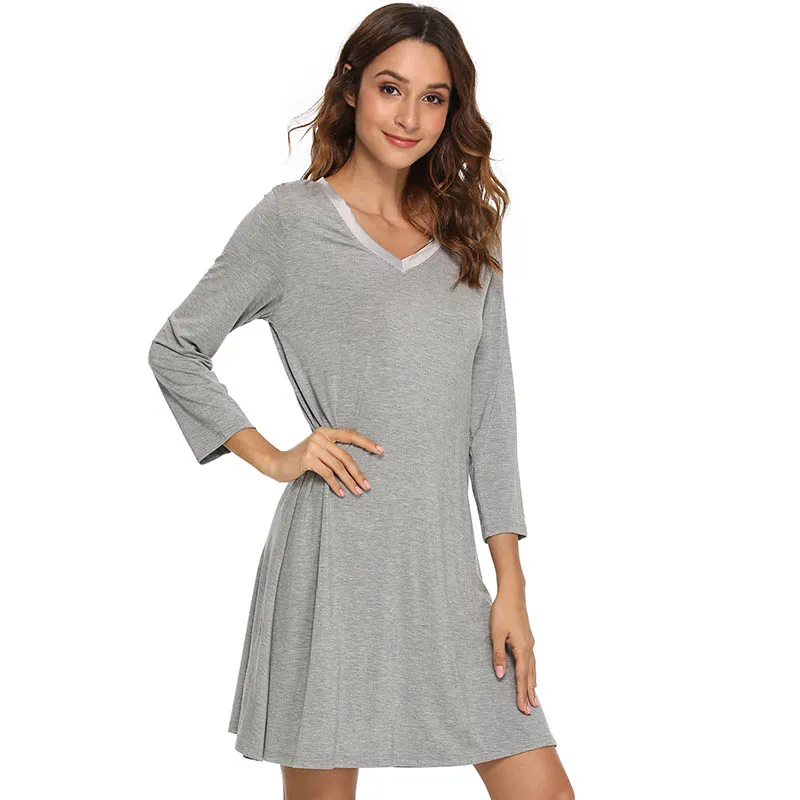 

Summer Leisure Nightgown V-neck Nightdress Bamboo Fiber Sleeping Dress Women Loose Breathable Thin Soft Home Wear Drop Shipping