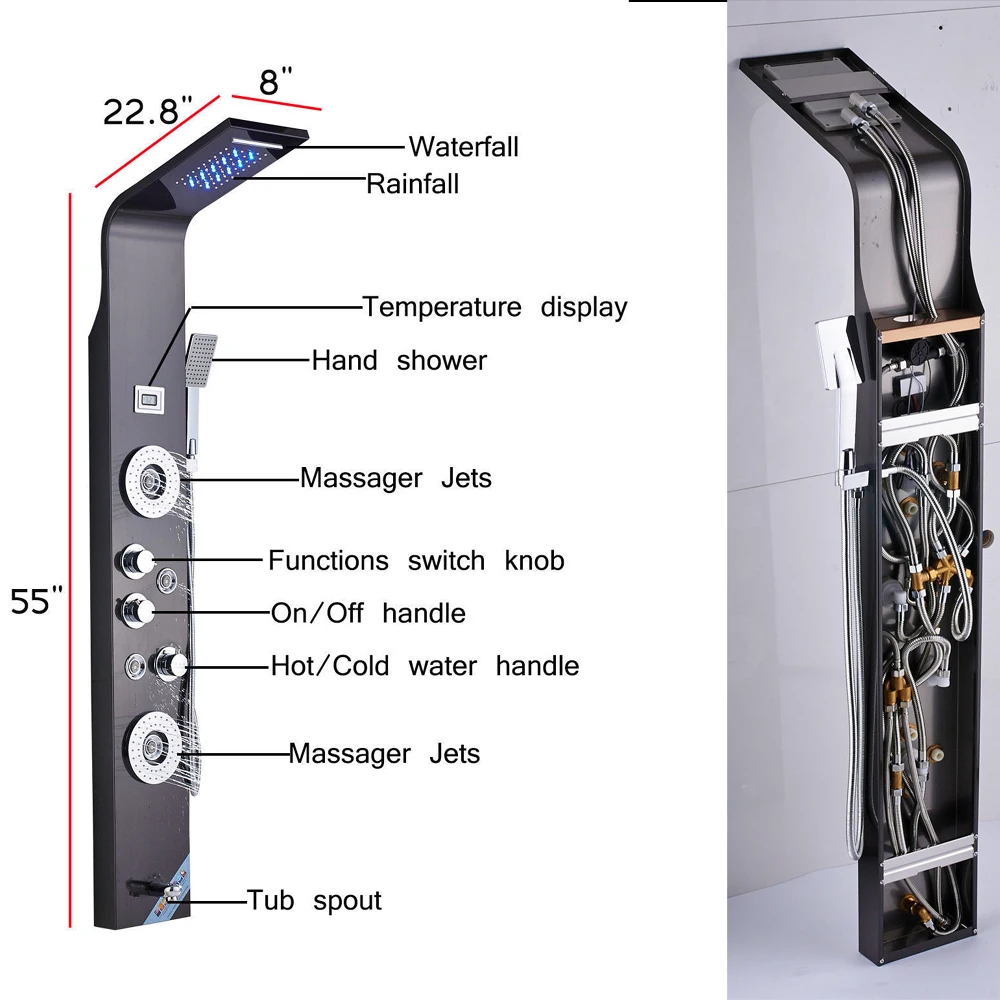 LED-Head-Sprayer-Nickel-Brushed-Waterfall-Shower-Panel-Black-Bathroom-ShowerTowel-Faucet-Shower-Panel-Column-With (3)