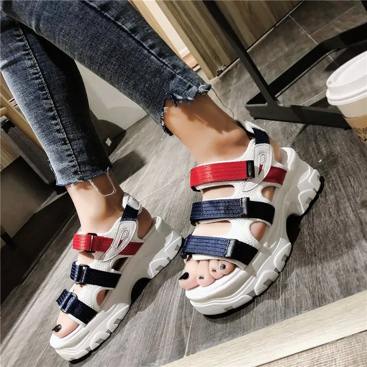

Women Summer New candy color Buckle Open Toe Wedge Sandals Floral high-heeled Shoes Platform Sandals white red chaussures femme
