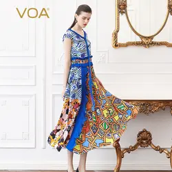 VOA шелковые платья качели Harajuku Для женщин макси длинное платье плюс Размеры 5XL Boho печати Высокая Талия Тонкий туника с v-образным вырезом