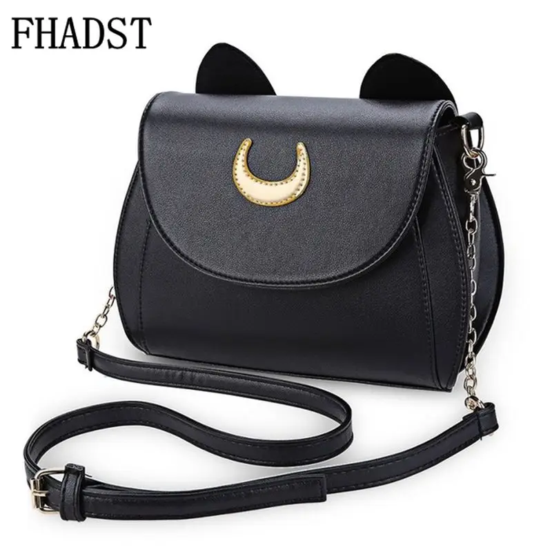Kopen FHADST Zomer Sailor Moon Dames Handtas Zwart Luna Kat Vorm Ketting Schoudertas PU Leer Vrouwen Messenger Crossbody Kleine