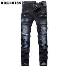 Men s fashion pocket hole ripped jeans Casual patchwork slim straight dark blue denim pants Long