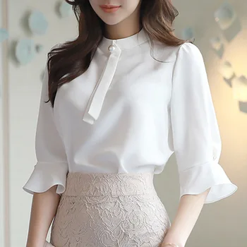 

Flare Sleeve Pearl 2020 New Summer Stitching Office Ladies Half Sleeve Chiffon Loose OL Blouse Shirt White S/M/L/XL/XXL