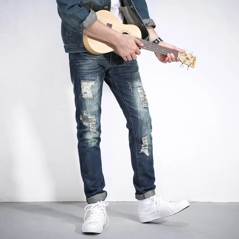 

Men's casual holes Distressed ripped Jeans for Men TornDenim Pants Male New Fashion Garment Washed skinny biker punk Jeans J002+