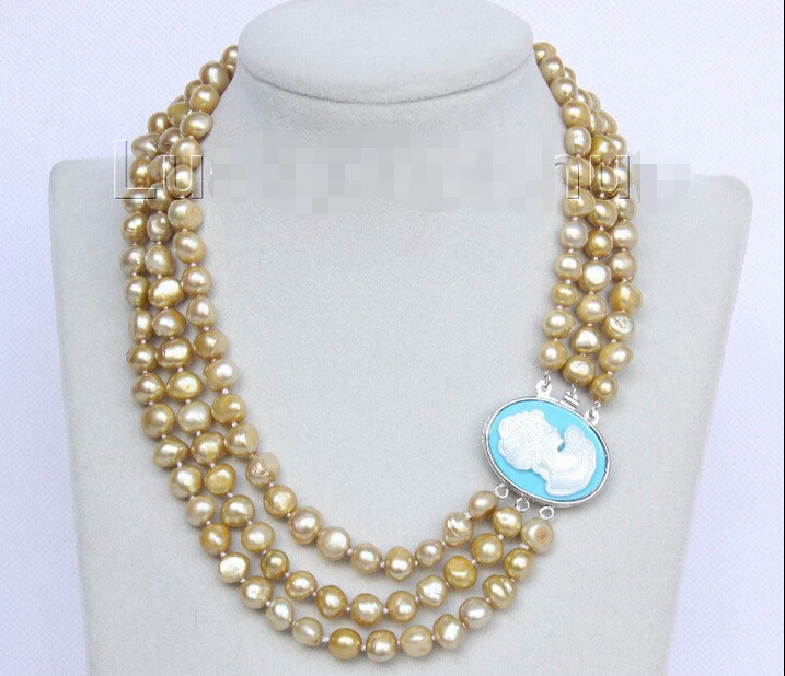 

FREE shipping>>>>Baroque 16"-18" 3row 9mm champagne pearls necklace seashell clasp j10084