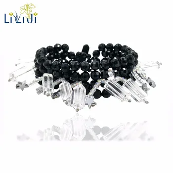 

Lii Ji Natural Stone Black Onyx Agate Clear Quartz Crystal with Jade Clasp Bracelet For Women Party