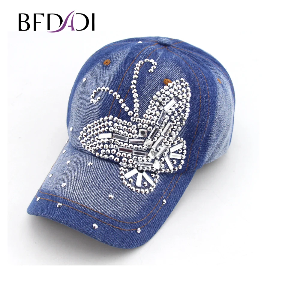 

BFDADI 2018 Baseball Cap Women New Fashion Rhinestone Butterfly Shaped Snapback Hat Size Adjustable girl Diamond baseball Cap