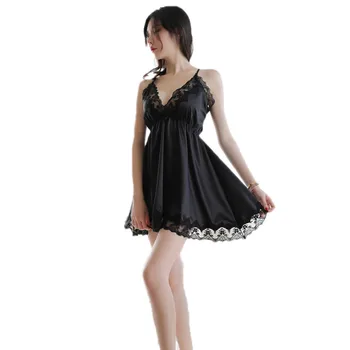 

Women Sexy Nightdress Casual Solid V-Neck Lace Patchwork Elastic Waist Backless Sling Mini Nightdress Camisola de cor sólida #E