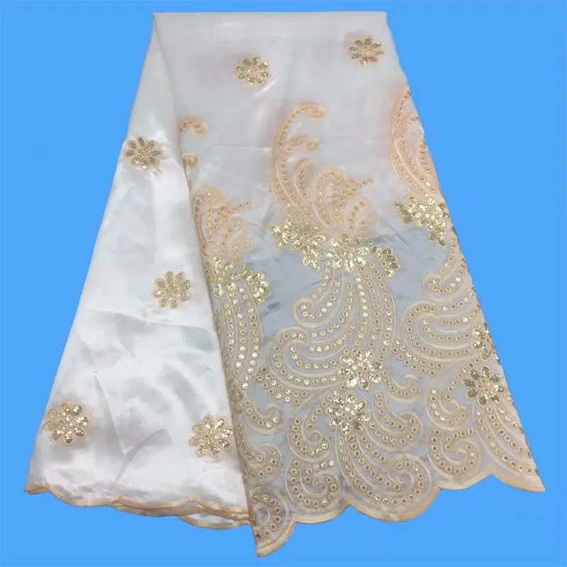 ESEWING Fashionable African lace fabric High Quality Embroidered George Indian Satin For Party in white gold sequins | Дом и сад