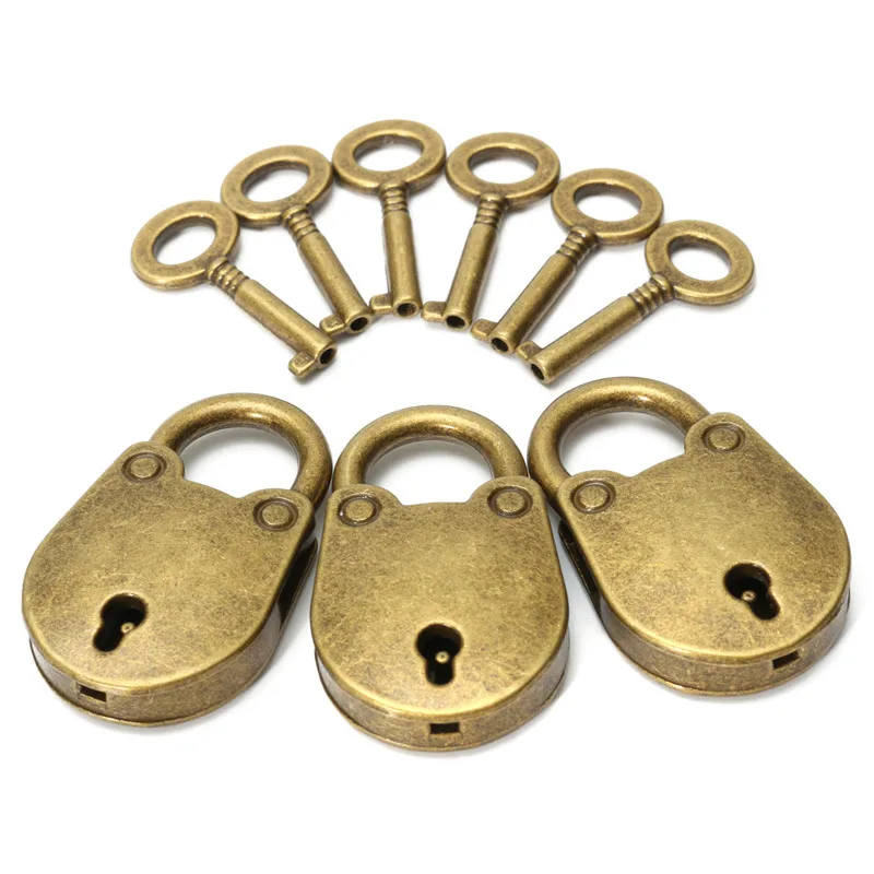 

Metal Old Vintage Style Mini Padlock Small Luggage Box Key Lock Copper Color Lot Of 3 Home Usage Hardware Decoration