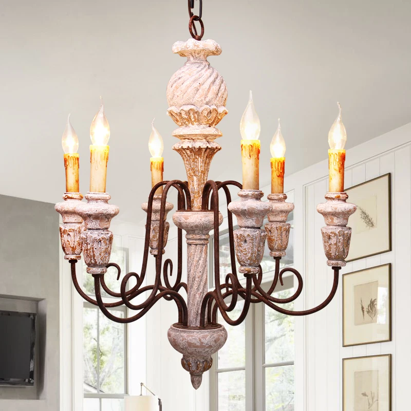 

American retro candle chandelier solid wood carving LED lamps duplex attic clothing store hall villa engineering Chandelier G187