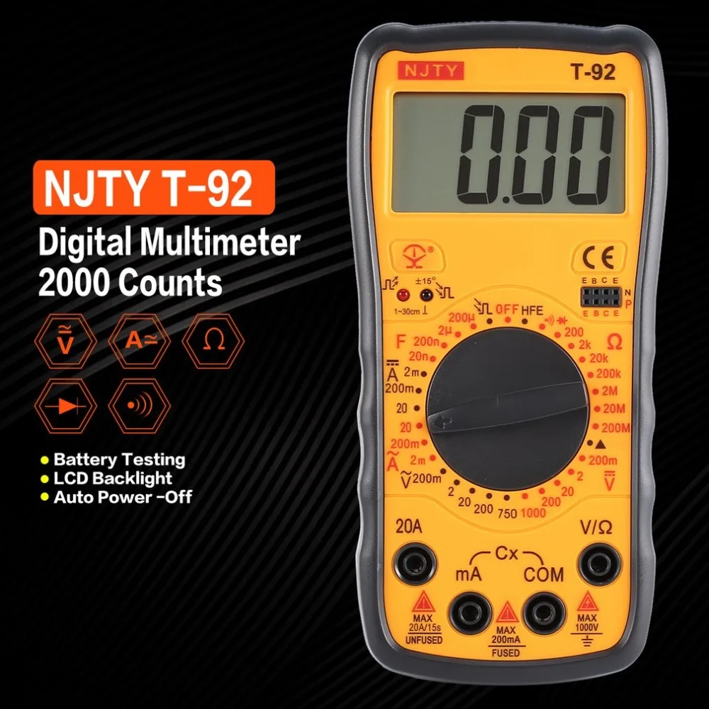 

NJTY T-92 Digital Multimeter DC/AC Voltage Current Meter Mini Ammeter Ohm Diode Tester 2000 Counts Multitester
