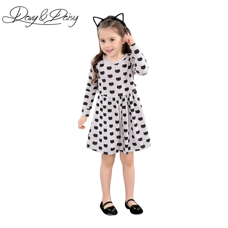 DAVYDAISY 2017 Fashion Girls Dresses Kids A-Line Full Sleeve Black Cat Print Princess Dress Children Costume WD-016 | Детская одежда и