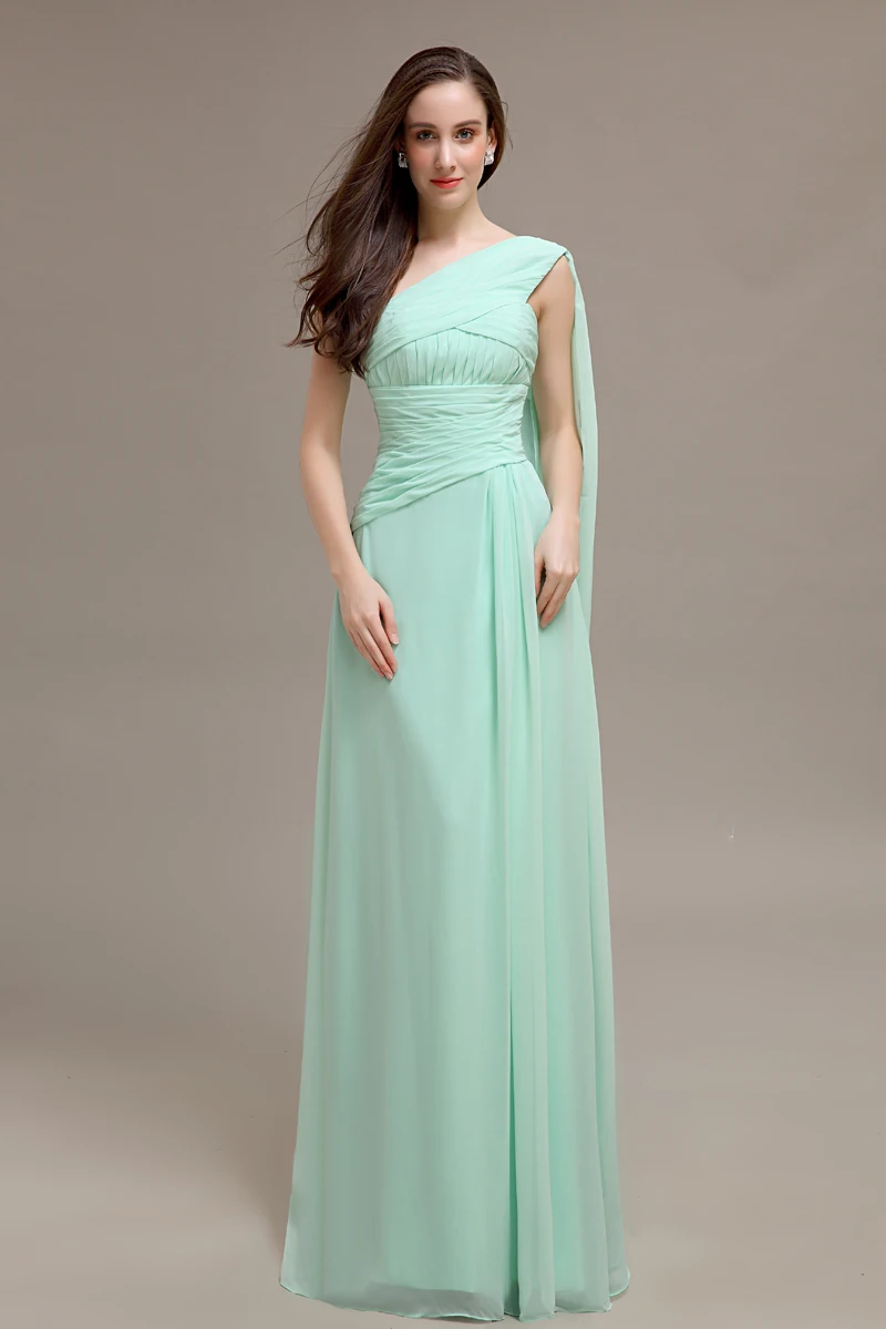 Elegant one shoulder simple designed cheap floor length mint bridesmaid