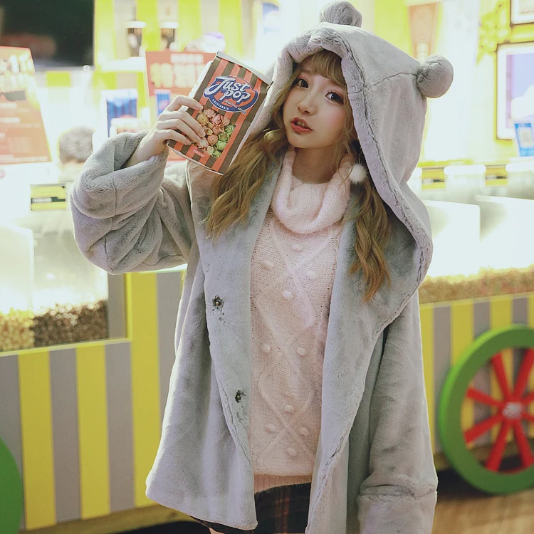 

Princess sweet lolita pink and purple BOBON21 adorable plush bear lazy warm coat super thick windshield lovely bear C1421