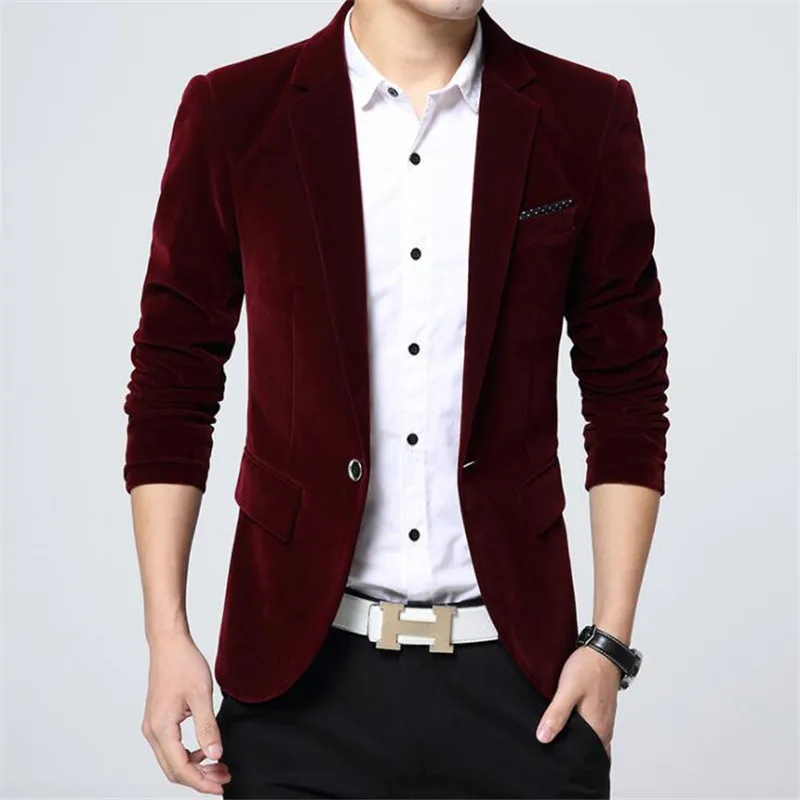 Covrlge осень мужской вельветовый Блейзер модный приталенный Однотонный мужской костюм куртка на одной пуговице Повседневный Блейзер платье пальто MWX020 - Цвет: Red