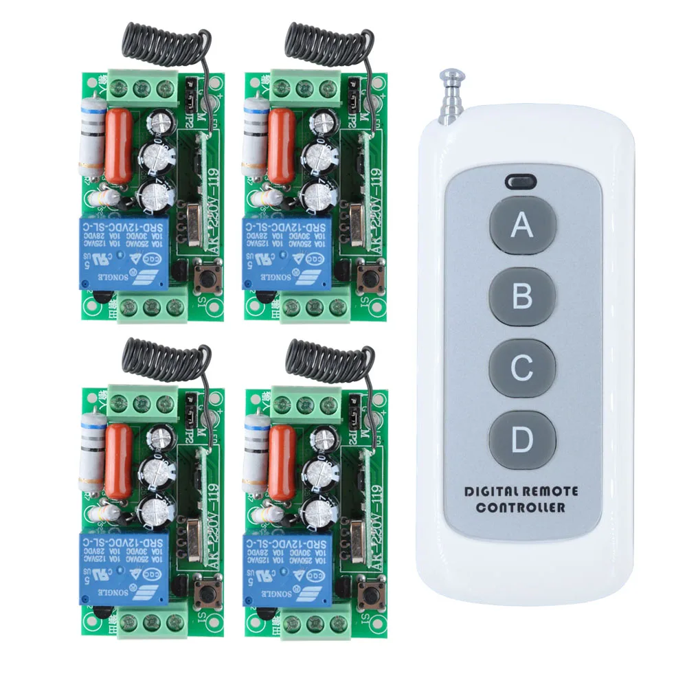 

RF AC 220V 1000W One 4-buttons Transmitter 4X 1 Channel Relays Smart Wireless Remote Control Light Switch