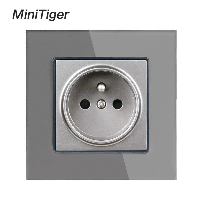 Minitiger Crystal Glass Panel Wall Power Socket Grounded 16A French Standard Electrical Outlet Black White Gold Grey Colorful - Тип: Grey