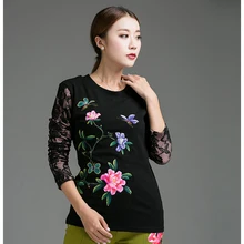 New2018Women Зимняя Теплая Флисовая хлопковая Футболка Slim fit китайский стиль, ручная работа, крашеные кружевные лоскутные футболки, большие Топы XL-XXXXXL