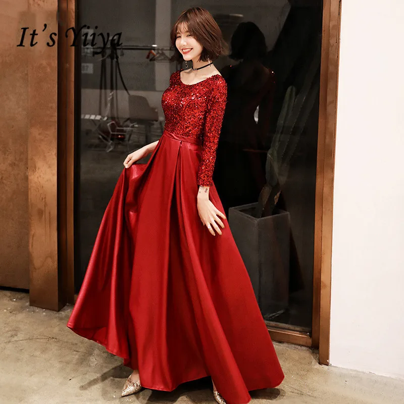 Это YiiYa вечернее платье блестящие маленьких блёстки дизайн цвет красного вина Вечерние платья с О-образным вырезом на шнуровке Длинные вечерние платья E138