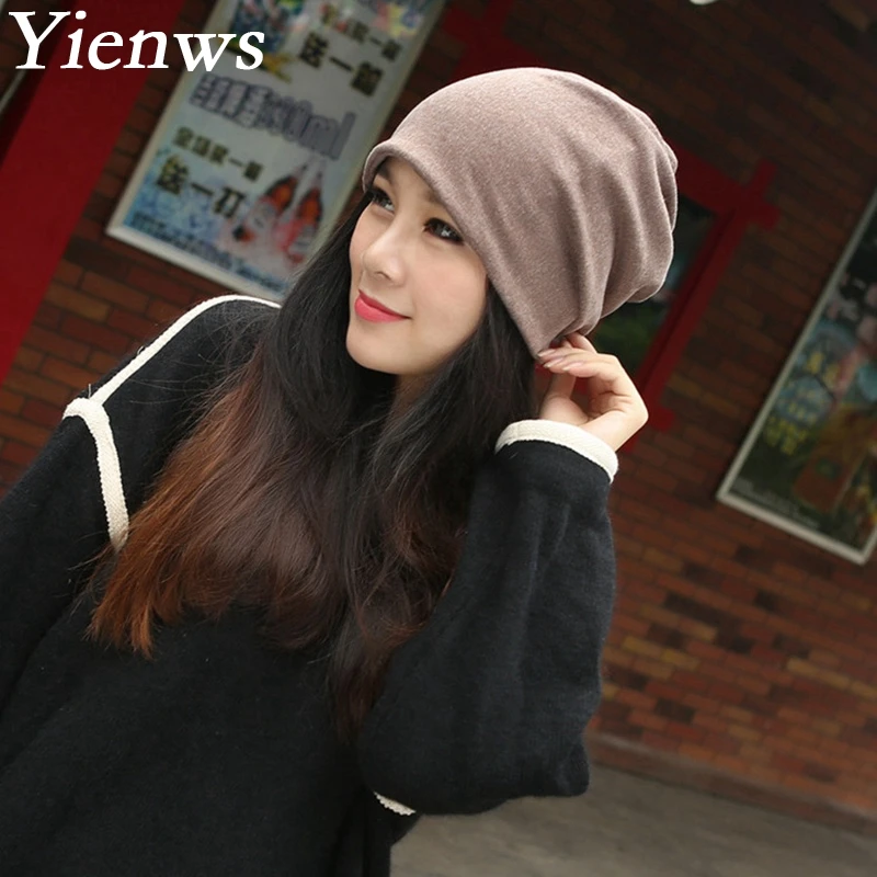 

Yienws Bonnet Femme Women Skullies And Beanies Hat Female Spring Summer Solid Headgear For Women Slouch Cap 2 Uses Hats YG003