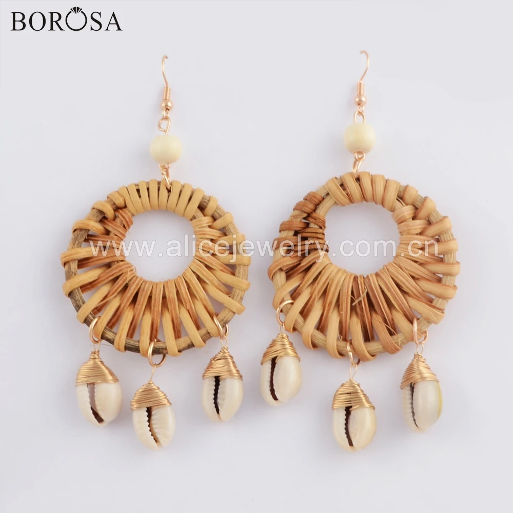 

BOROSA 10Pairs Pure Handmade Round Bamboo Gold Color Wave Three Natural Cowrie Shell Drop Earrings Jewelry Summer Style WX1078