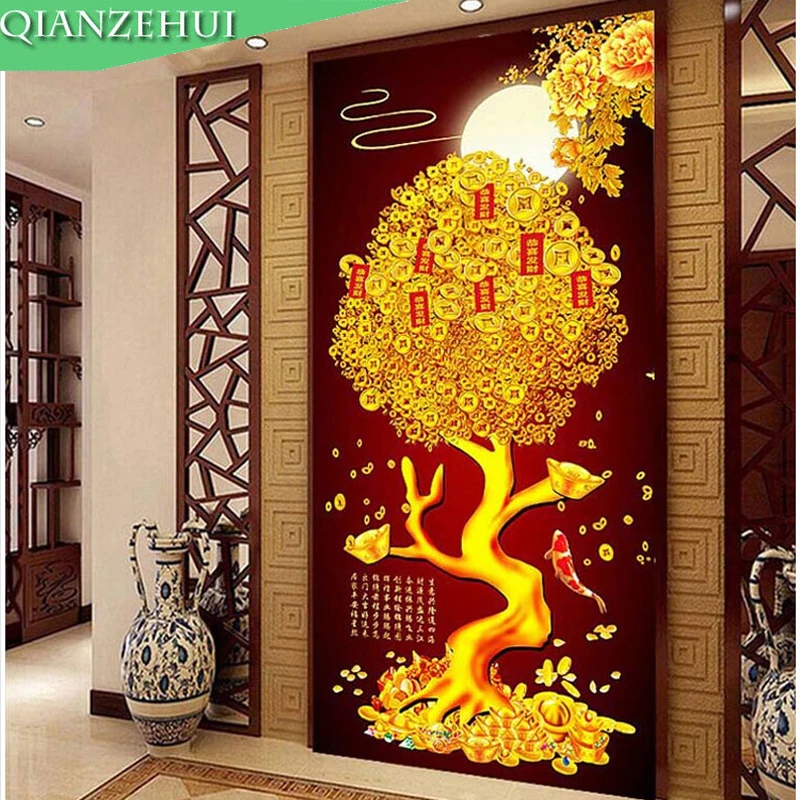 

QIANZEHUI,Needlework,DIY printing Landscape painting Gold cash cow Cross stitch,pachira macrocarpa Sets For Embroidery kits