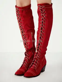 

SHOOEGLE Distressed Knee High Boots Women Crossover Lace Up Chunky Heels Cowboy Long Boots Fashion Shoes Women fall winter